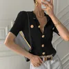 Gagarich Woman Chic Cardigan Summer Elegant Temperament O-neck Big Button Design Slim Solid Versatile Female Short Knitting Top 210805