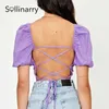 Sollinarry Puff Sleeves Elastic Band Women T-shirt Vintage Korean Style Square Neck Fold Crop Summer Fashion Slim Female Top 210709