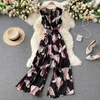 Women's Wear Fashion V Neck Sleeveless Graffiti Print High Waist Long Broad-legged Overalls Jumpsuits S377 210527