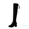 Сапоги 6 см Квадратный каблук длинные женщины черные по колено зимняя плюшевая подкладка обувь высокий тонкий бедро