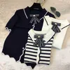 Vintage Pan Collar Pull Stripe Sweater Women Casual Knitted Bowknot Short Sleeve Pullover Summer Single Breasted Korean Top 210525