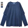 Faux deux pièces t-shirt rayé surdimensionné gris bleu haut à manches longues Style coréen mode ample hommes et femmes vêtements 220309