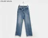 Jeans spaccati a vita alta Streetwear Donna Pantaloni denim dritti irregolari Donna Estate Vintage Blue Chic Y2k Baggy Woman Mom 210809