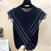 Three-layer ruffles chiffon patchwork ice silk knitted sweater women Korean o-neck thin pullover black white tops summer 210918