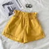 Sommar solid bomull bred ben shorts för kvinnor koreanska stil söta tjejer elastiska midja lösa avslappnade korta byxor med ficka robe 210625