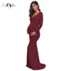 Kvinnors Off Shoulder Maternity Slim Monterad Klänning Cross-Front V Neck Wrap Ruched Långärmad Graviditet Maxi Fotografi Klänning Q0713