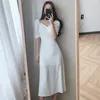 Retro em v-pescoço fino cintura mulheres vestido elegante sopruff manga branco feminino feminino uma linha vestido 2021 verão festa vestidos femme maxi vestidos y0726