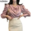 Women's Blouses & Shirts Women Elegant Blouse VONDA 2022 Casual Solid Color Pleated Long Sleeve Tops Ladies Puff Button Up Bohemian Blusas F