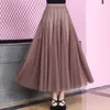 Faldas de tul Mujeres Malla Elástica Tutu Falda Primavera Verano Coreano Cintura alta Kpop Moda Plisada Falda larga Negro / Caqui 210306