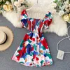 Women Oil Painting Print Dress Lady Fashion Summer Square Neck Short Sleeve Sexy Clothes High Waist Vestidos N250 210527
