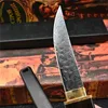 New High End VG10 Damascus Steel Blade Straight Knife Drop Point Blades Brass + Ebony Handle Knives With Wood Sheath