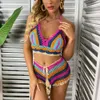 Bikini all'uncinetto Set multicolore lavorato a maglia arcobaleno a righe con spalle scoperte Top + Bottom Costume da bagno da spiaggia Costume da bagno donna 210629