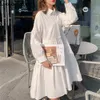 colorfaith 새로운 2021 여성 봄 셔츠 드레스 캐주얼 느슨한 높은 허리 세련된 불규칙한 주름 야생 흰 드레스 DR1170 210306