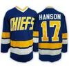 MThr # 17 Maillot Steve Hanson Charlestown, Hommes Hanson Brother Slap Shot 100% Cousu Broderie Film Hockey Maillots Bleu Blanc