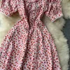 Vintage gedrukt kanten jurk vrouwen zomer elegante v-hals korte mouw hoge taille vestidos zoete patchwork robe vakantie strand Nieuwe Y0603