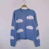 Women's Cozy Clouds Sweater Cute Cartoon Long Sleeve Crew Neck Pullover Jumper Fall Winter Knit Tops / 211103