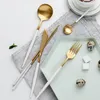 Edles Schwarz-Weiß-Gold-Rosa-Edelstahlbesteck, matt, Western-Steakmesser, Gabel, Abendessenutensilien, Küche