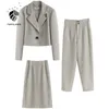 FANSILANEN Wool 2 piece set women blazer suit Office lady elegant skirt matching sets Autumn winter female pants outfit 210607