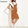 Lucyever Vintage Elastic Women Midi Dress Spring Autumn Strap Suspender Female Dress Casual Pocket Svart ärmlös Vestido 210303