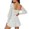 여름 여자 섹시한 bodycon 흰색 꽃 드레스 패션 레이디 스퀘어 칼라 퍼프 슬리브 파티 클럽 섹시한 여자 sundress