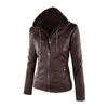 Basic Pu Leather Jacket Women Stylish Long Sleeve Solid Color Zipper Removable Hooded Female Winter Motorcycle Coat 211029