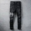 Erkek tasarımcı kot pantolon yüksek elastics sıkıntılı yırtık ince fit motosiklet bisikletçisi denim erkekler moda siyah pantolon#030KWIM