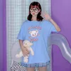 Style doux coréen dessin animé imprimé T-shirt écolière été nouveaux hauts 2020 Ulzzang Harajuku Kawaii bleu t-shirts amples femmes C0304