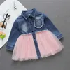 Flickor Kids Pocket Decor Demin Patchwork Klänning Långärmad Höst Ny Mode Härlig Bollklänning Ruffles Vestidos Q0716