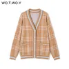 Wotwoy Jacquard gebreide V-hals vest vrouwen herfst winter knoppen-up losse gedrukte trui vrouwelijke kimono vestigans gebreide tops 211007