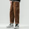 Men's Pants Elastic Waist Corduroy Twill Casual M-5XL Six Pockets Cargo Men Japanese Streetwear Wide Leg