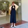 Coreano Studen Allentato Blu Scuro Jean Dress Vintage Stile Preppy Cinturino Regolabile Tasca Laterale Fibbia Denim Bretella Tuta 210604