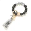 Porte-clés Accessoires de mode Bracelet de perles en bois givré noir Porte-clés Modèle Gland Pendentif Bracelets Femmes Fille Porte-clés Dragonne 7