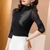 Autumn Women Elegant Fashion Mesh Stitching Casual Women Blouse Diamond Beaded Chiffon Shirt Women Clothes Top Blusas 10767 210528