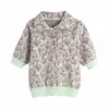 Za Green Vintage Jacquard Knit Sweater Women Short Sleeve Spring Knitted Top Female Fashion Front Button Flower Pullover 210602