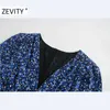 Zevity Women Vintage Vネックフラワープリントプリーツシャツレディース長袖バックジッパーヴェスティドシックスプリットドレスDS4516 210707