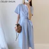 エレガントな夏のドレスのための女性Oネックレースアップハイウエストの診療士女性服シックな韓国の白いソリッドドレス210603