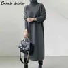 Koreanische Mode Wollkleid Frauen Winter Neuer Rollkragen Elegante Grau Langarm Strickkleid Solide Herbst Pullover Kleidung G1214
