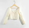 Vintage French Retro Puff Ärmel Beige Frauen Bluse Square Halsband Seidene Baumwoll Elastizität Streetwear Hemd Neuankömmling T200608