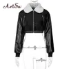 Artsu manga comprida zip up pele sólida ruched pu jaqueta de couro outono inverno mulheres moda streetwear roupas casuais 42399 211025