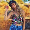 Regenbogen Pailletten Quaste Meerjungfrau Spiegel Festival Harness BH Bralette Crop Top Perlen Münzen Schnürung Chiffon Boho Cami 210623