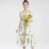 Women's Runway Dresses Square Neckline Short Sleeves Floral Printed Ruffles Ruched Fashion Mid Dress Vestidos