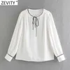 Zevity Women Sweet Black Edge White Chiffon Smock Blouse女性のプリーツ長袖着物のシャツシックBlusas Tops LS7654 210603