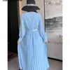 Vintage blå klänningar för kvinna v-hals hög midja maxi vestido långärmad bana elegant fest klänning kvinnlig 210603