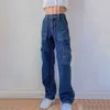 JMPRS Hohe Taille Frauen Jeans Frühling Adrette Taschen Baggy Denim Hosen Casual Blau Patchwork Tasche Streetwear Hosen 211112