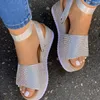 Sandalet kadın 2021 Yaz Moda Rhinestones Kama Kadınlar Siyah Toe Platformu Ayakkabı Açık Lady Beach Açık
