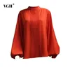 Casual Solid Shirt For Women Stand Collar Flare Long Sleeve Ruched Straight Loose Blouses Female Spring Fashion Stylish 210531