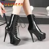 Botas Moda Sexy Caballero Cuero Mujer Tacón alto Plataforma Cremallera Media pantorrilla Mujeres 20CM Negro Pole Dancing Shoes Tamaño 43