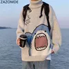 ZAZOMDE Men Turtlenecks Shark Sweater Winter Patchwor Harajuku Korean Style High Neck Oversized Grey Turtleneck For 210812