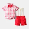 Baby pojkar gentleman stil kläder sätter sommar barn kortärmad tröja med bowtie + suspender shorts 2pcs set barn kostym pojke outfits