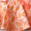 Tangada été femmes Orange fleurs imprimer Style français robe nœud sangle ajuster dames robe d'été JA60 210609